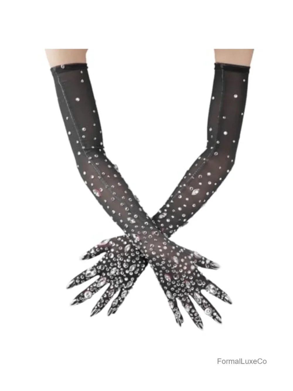 Rhinestone Mesh Gloves with Nails, Long Elbow Length Glitter Crystal